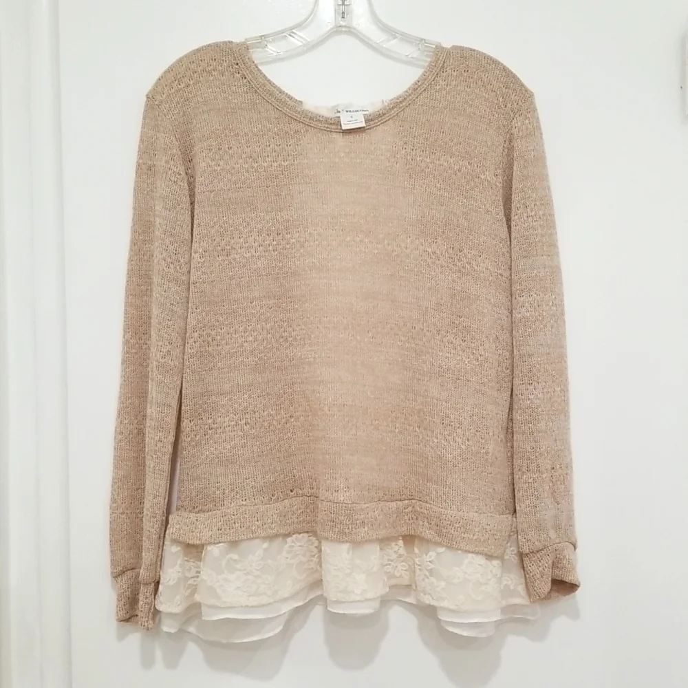 Clu + Willoughby Oatmeal Lace Layered Boho Cottagecore Blouse Size S - Picture 2 of 9